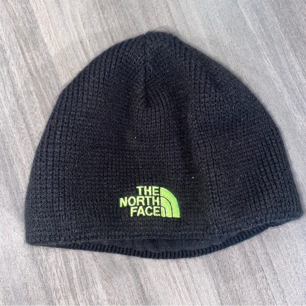 The North Face Black Knit Beanie with Green Logo for kids